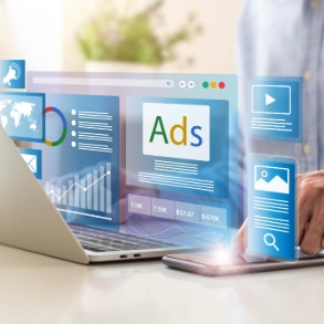online marketing - image showing laptop and a preview of ads