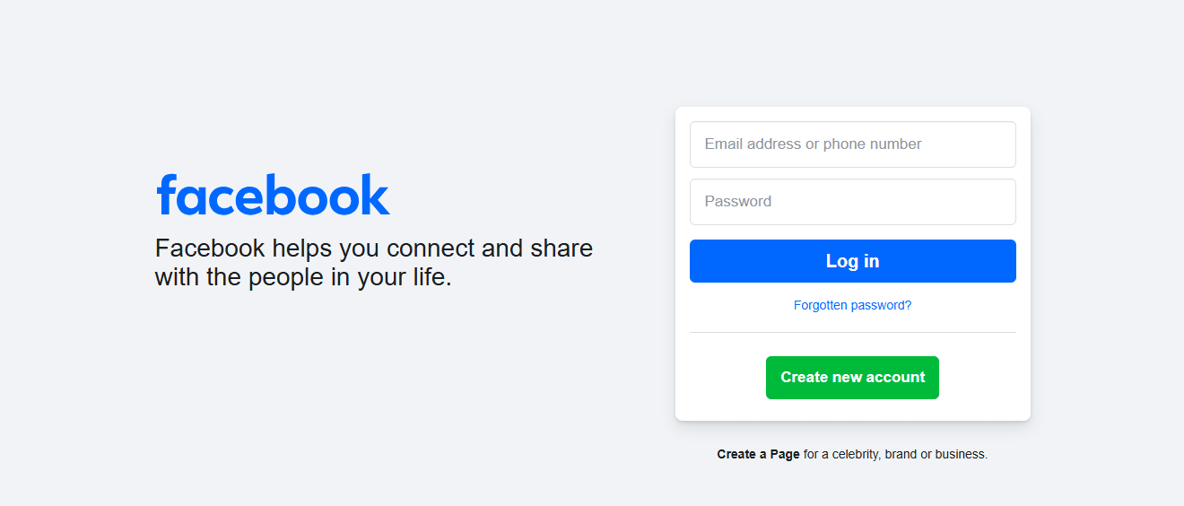 login page of Facebook