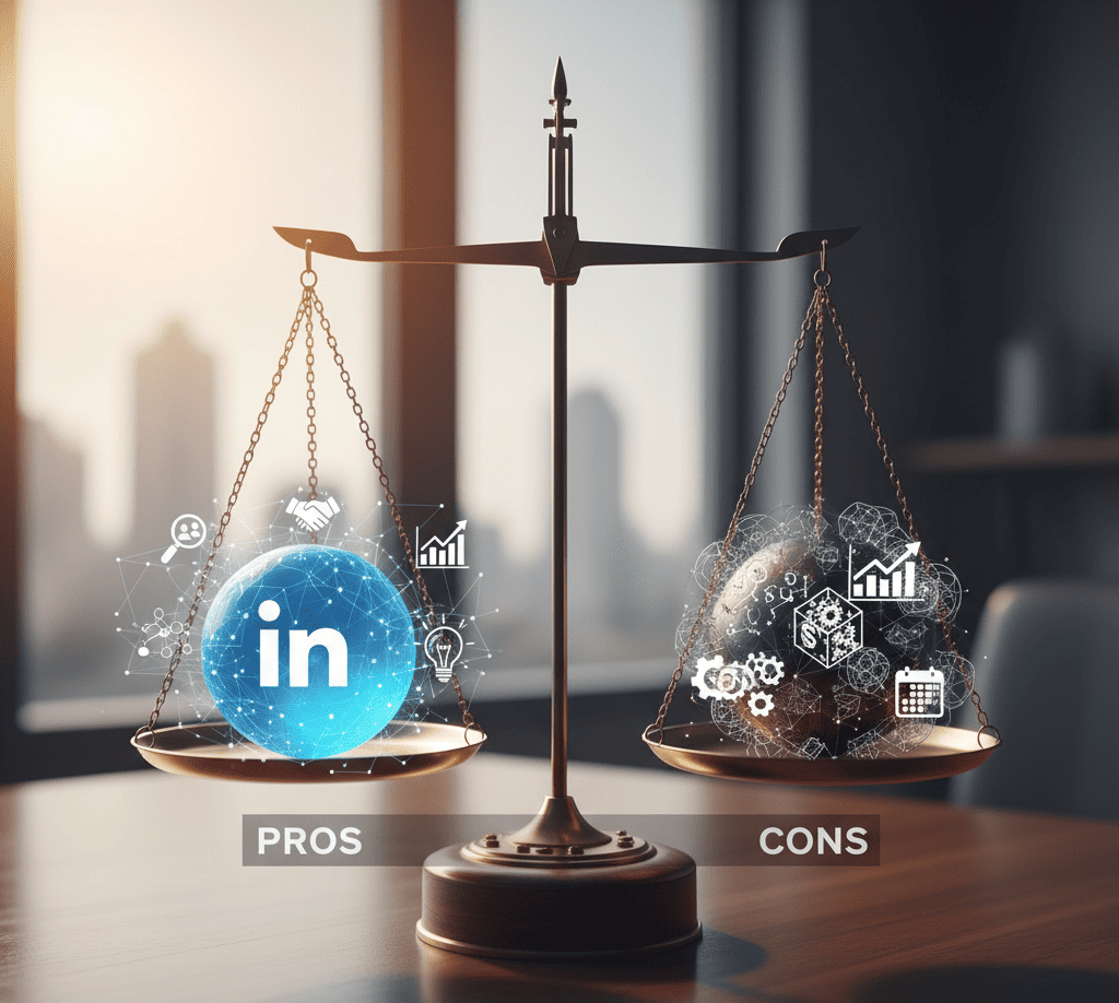 Comparison image of Pros and Cons of LinkedIn advertising. 