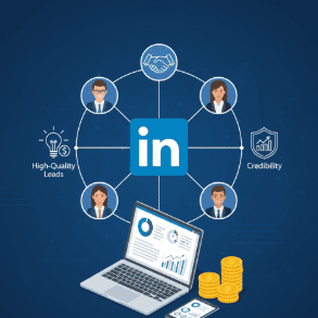 LinkedIn Growth chart and coins for ad success.