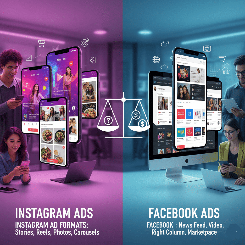 Comparison of Instagram and Facebook ad formats on mobile and desktop devices.