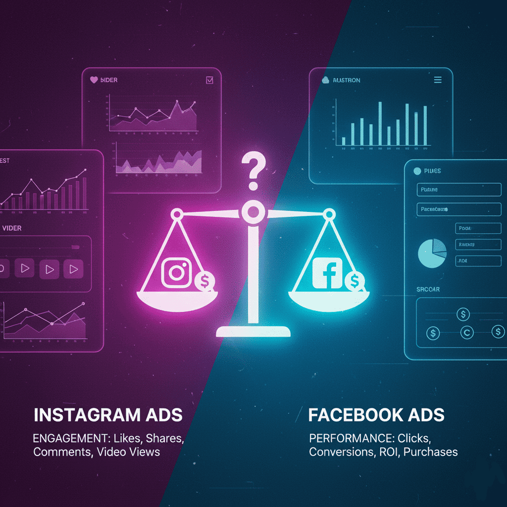 Comparison of Instagram and Facebook ads with engagement and performance metrics.